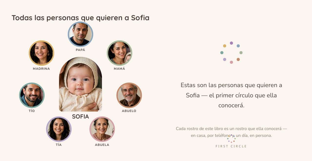 Un libro de demostración real: Sofia y su círculo, una familia ficticia entre Madrid y Miami. El tuyo se hace con tus propias fotos.